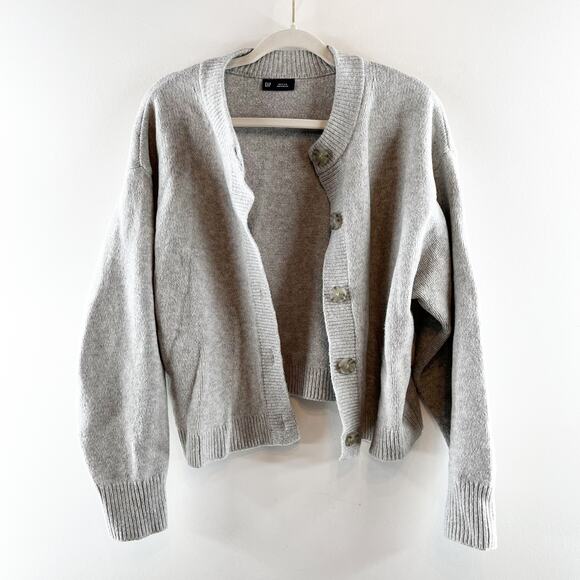 GAP CashSoft Oversized Chunky Crewneck Cardigan Sweater Light Heather Gray M - Picture 2 of 5